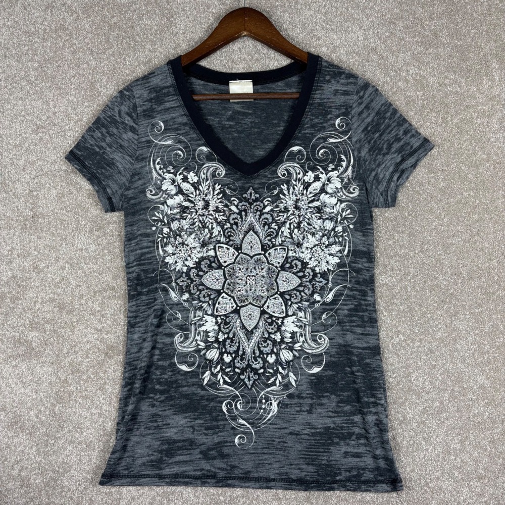 Vocal California Gray Burnout Rhinestone Mandala V-Neck Graphic Tee Medium
